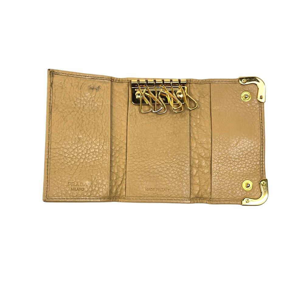 Prada Pebbled Leather 6 Key Holder Camel Tan Gold Corner Logo Case - Picture 5 of 14